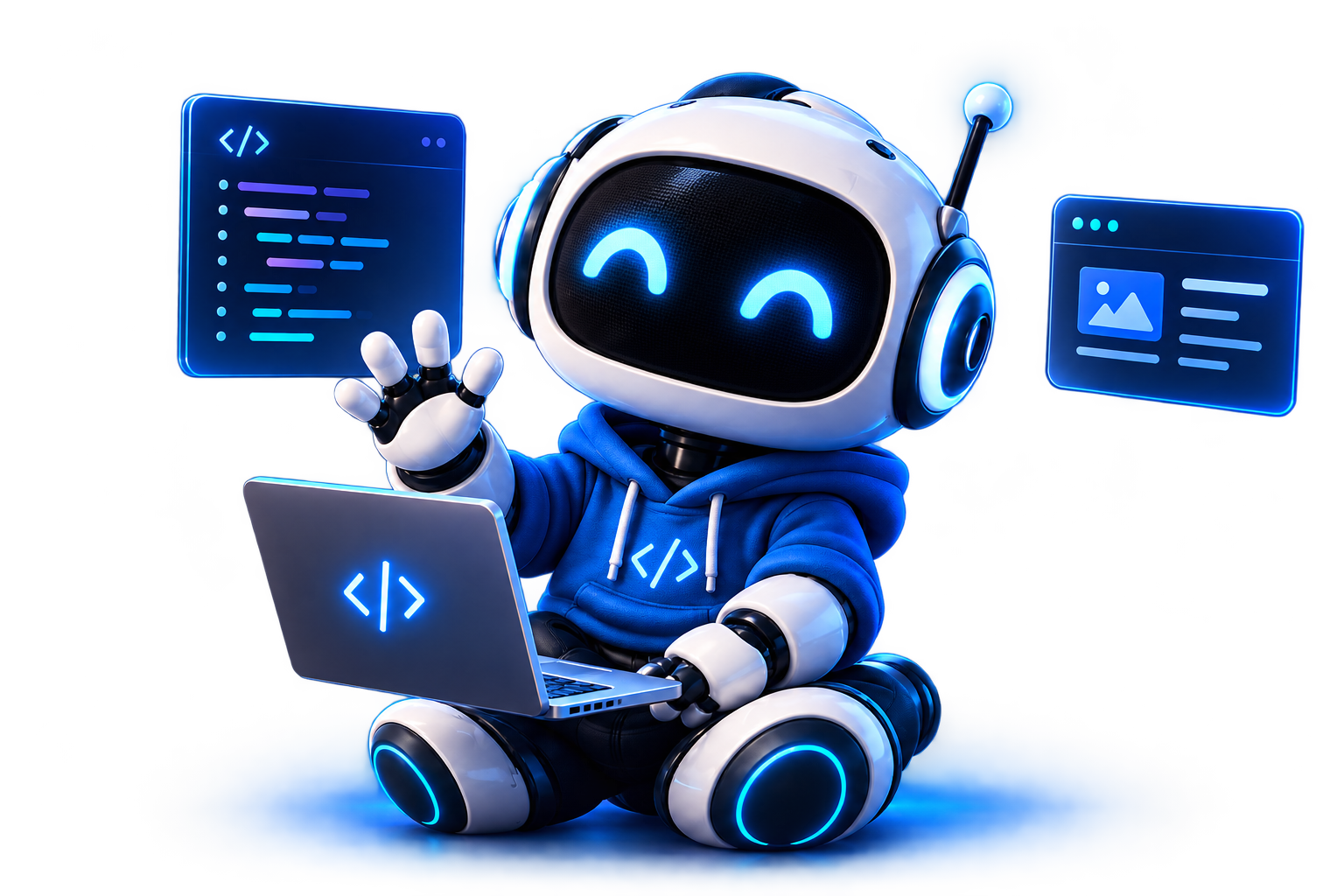 Une mascotte robot souriante, en sweat bleu, vous salue avec son ordinateur portable.